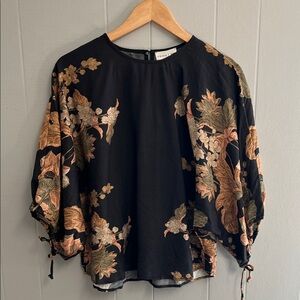 entro Black Floral Puff-Sleeve Blouse with Gold and Green Accents